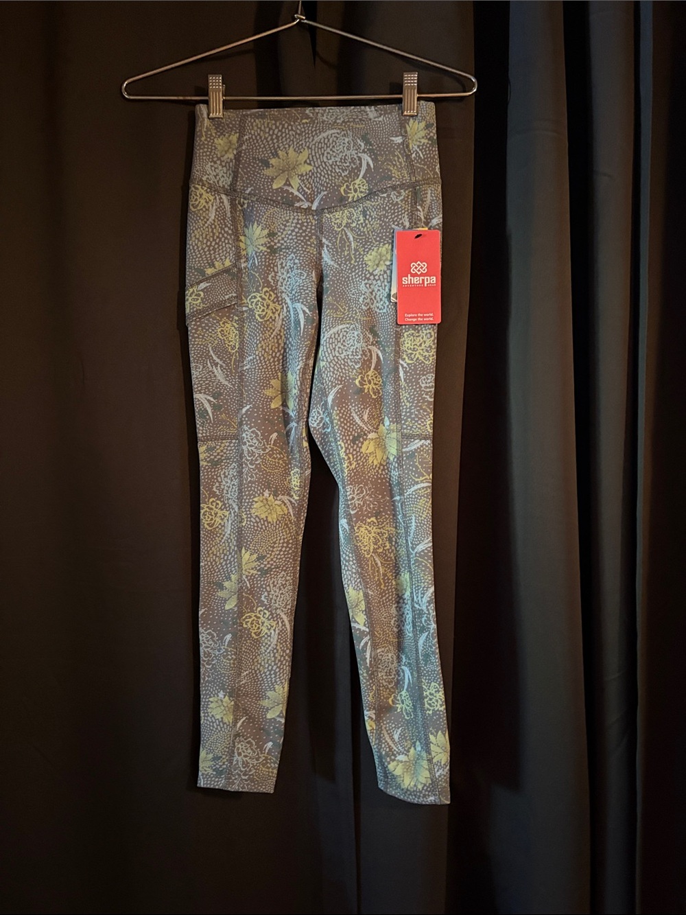 Sherpa Floral Print High-Waist Leggings in Gray and Yellow